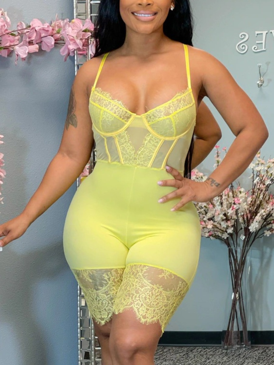 

LW SXY Lace Patchwork Romper, Yellow