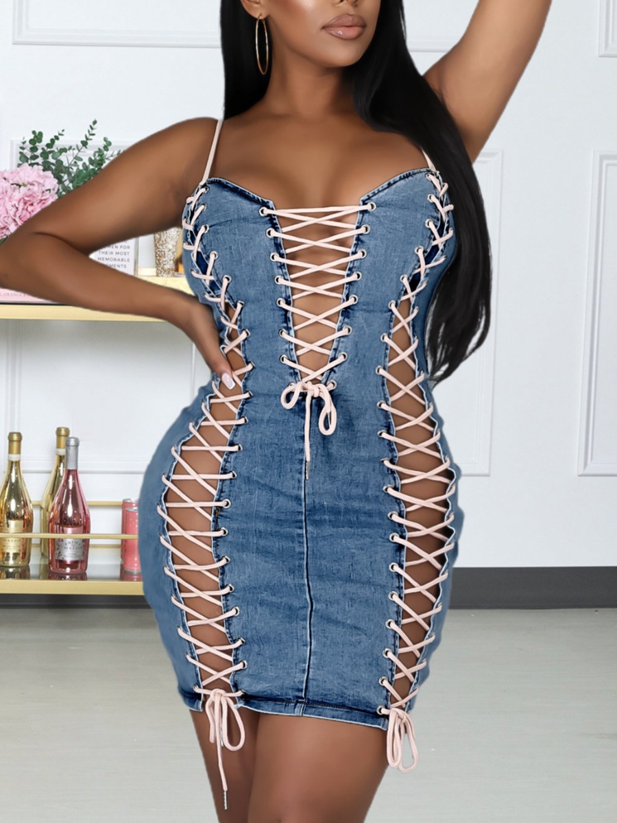

LW SXY Bandage Hollow-out Design Cami Denim Dress, Blue