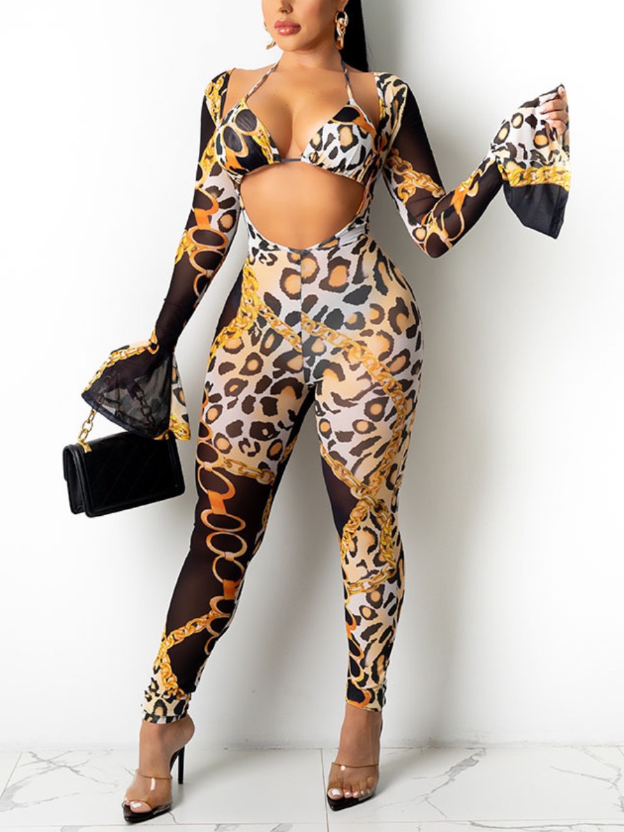 

LW SXY Chain Leopard Print Flared Pants Set, Yellow