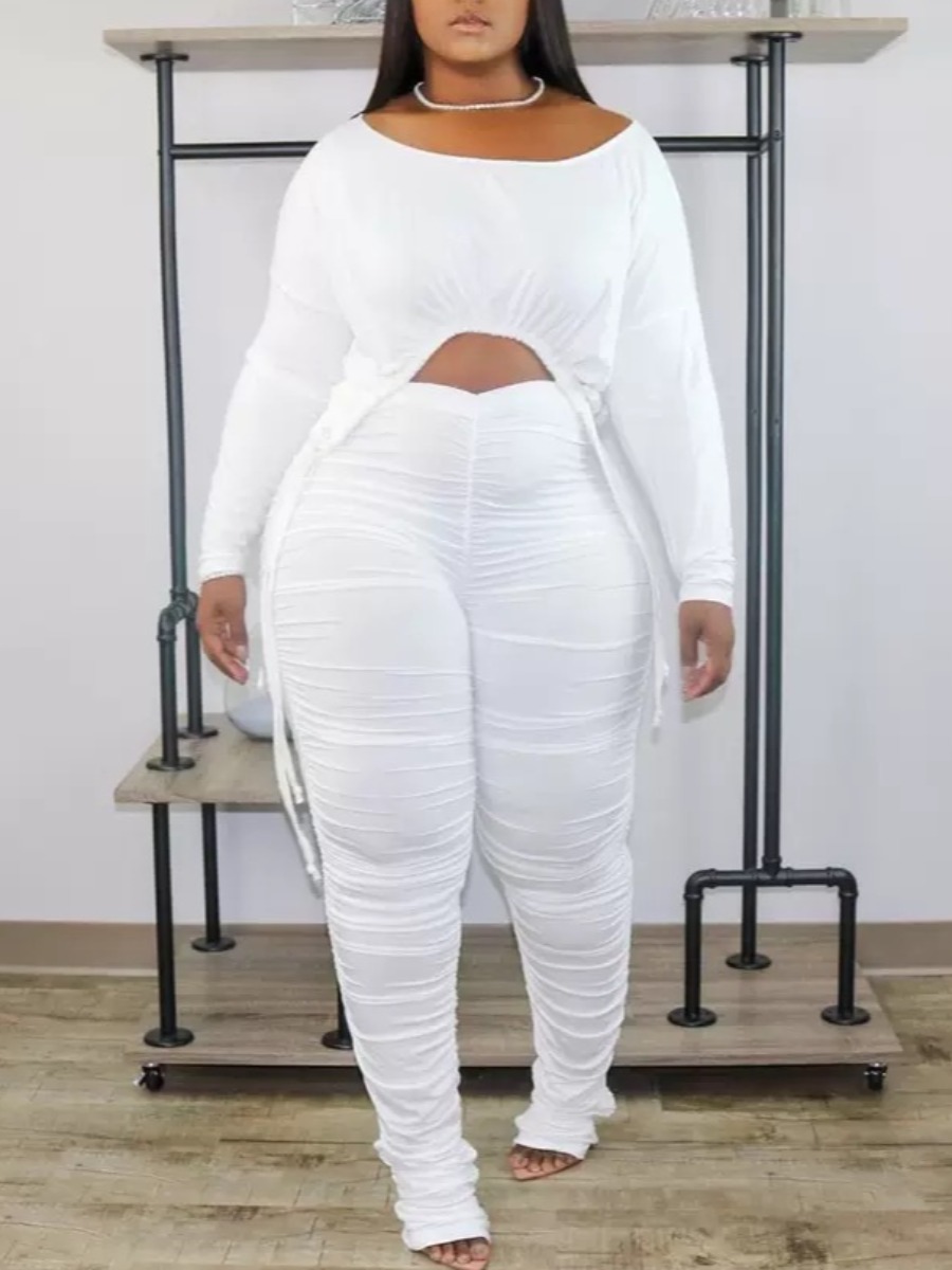 

LW BASICS Plus Size Ruched Drawstring Pants Set, White