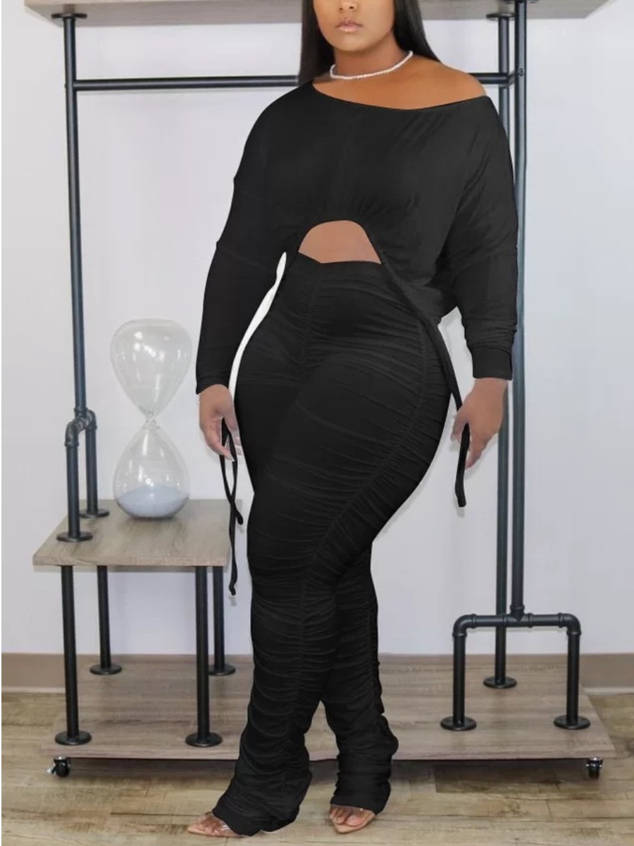

LW BASICS Plus Size Ruched Drawstring Pants Set, Black
