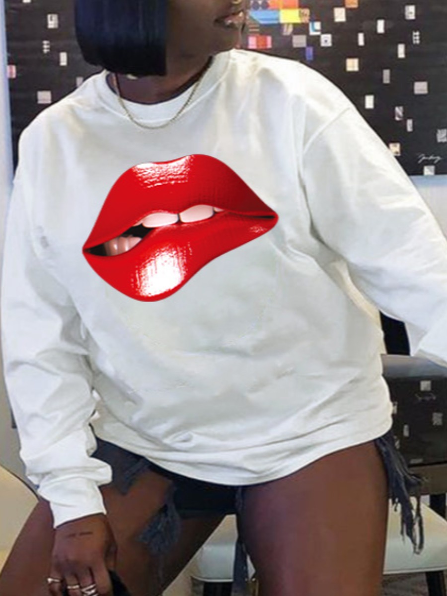

LW Plus Size Round Neck Lip Print Hoodie, White