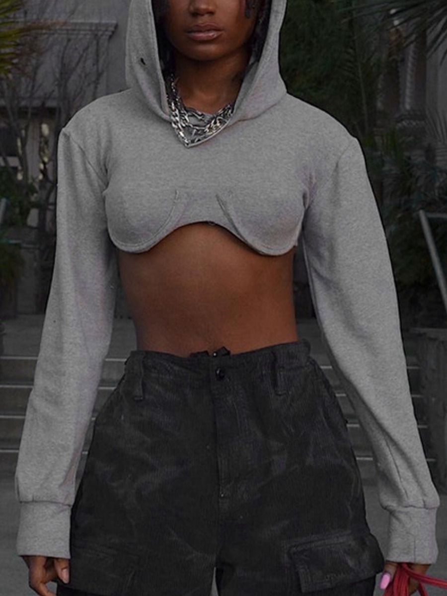 

LW SXY Hooded Collar Crop Top Hoodie, Grey