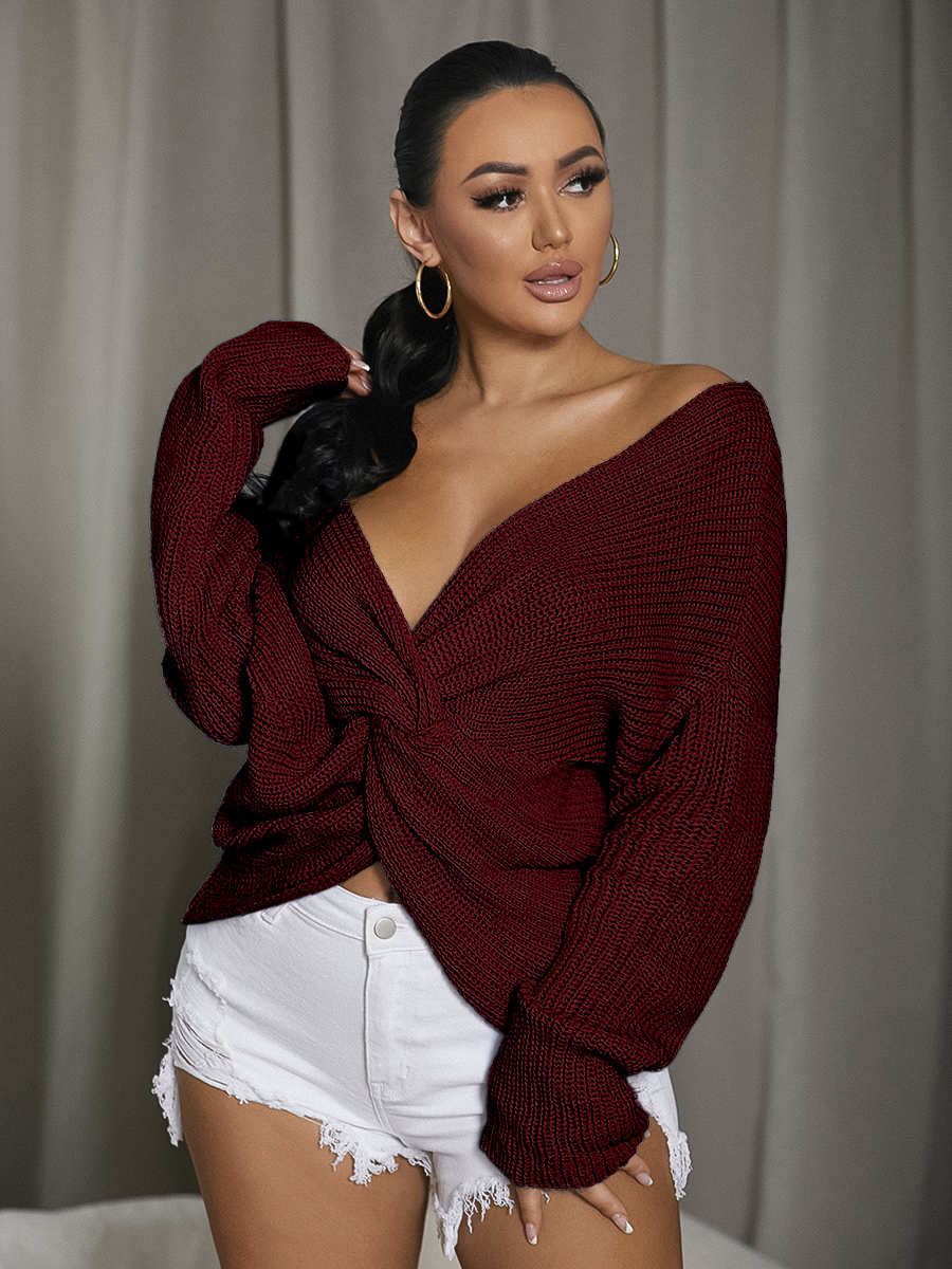 

LW Rib-Knit Twist Front Sweater, Wine red
