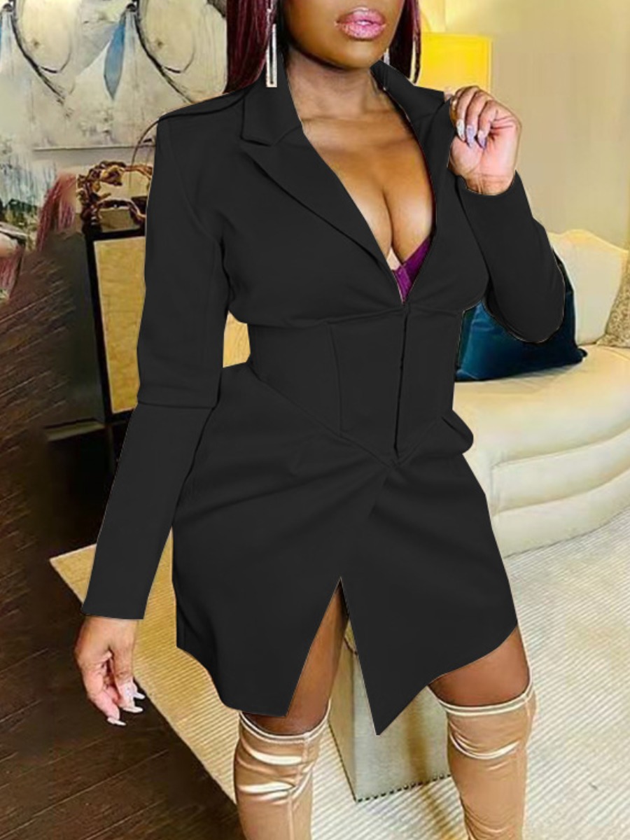 

LW Turndown Collar Slit Blazer Dress, Black