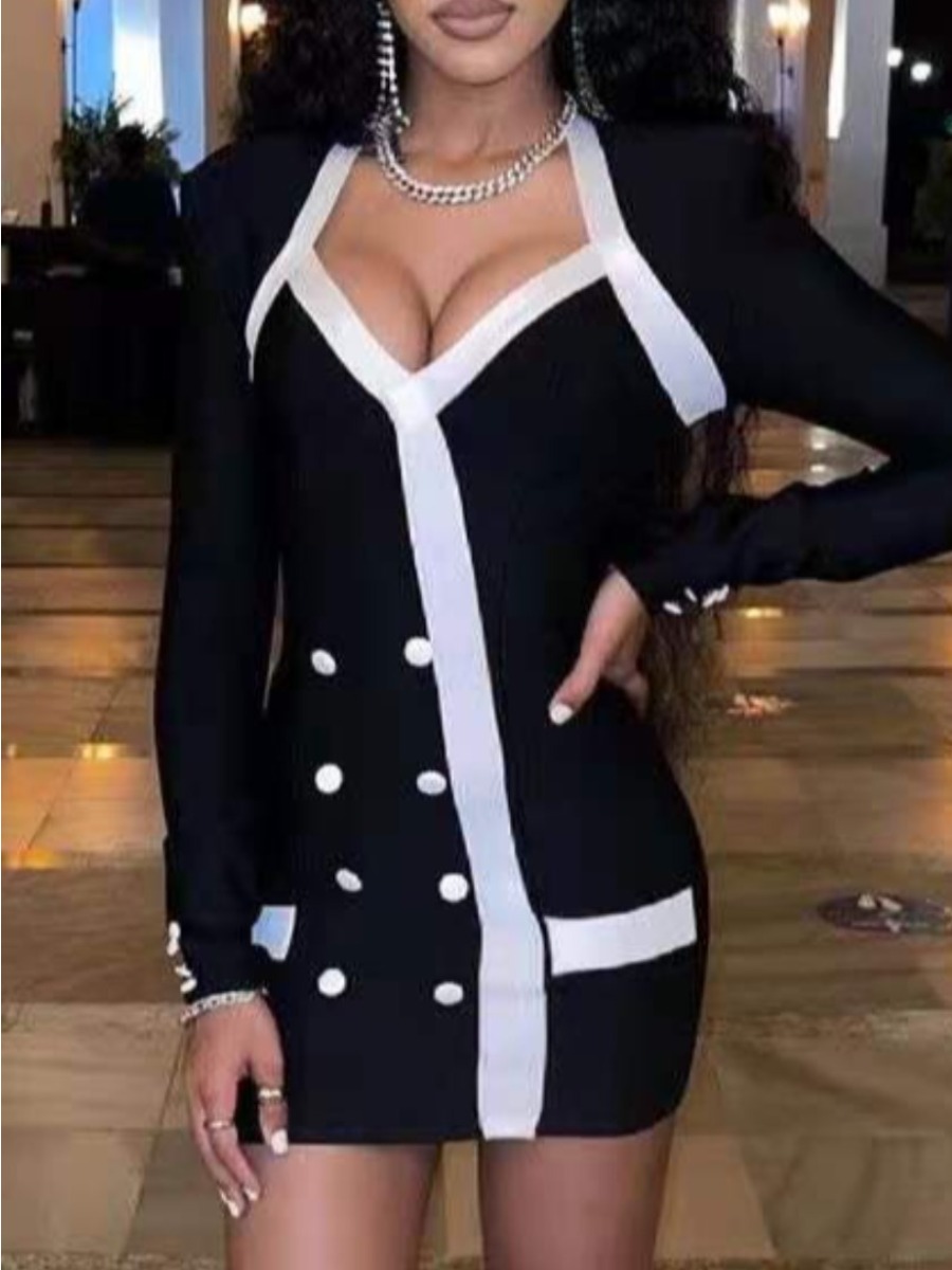 

LW V Neck Double-breasted Blazer Dress, Black