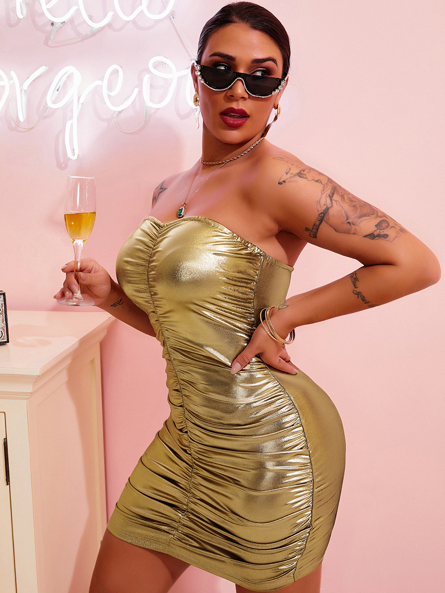 

LW SXY Off The Shoulder Ruched Bodycon Dress, Gold