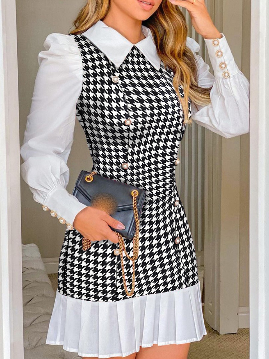 

LW Hound Stooth Pleated Ruffle Design Dress