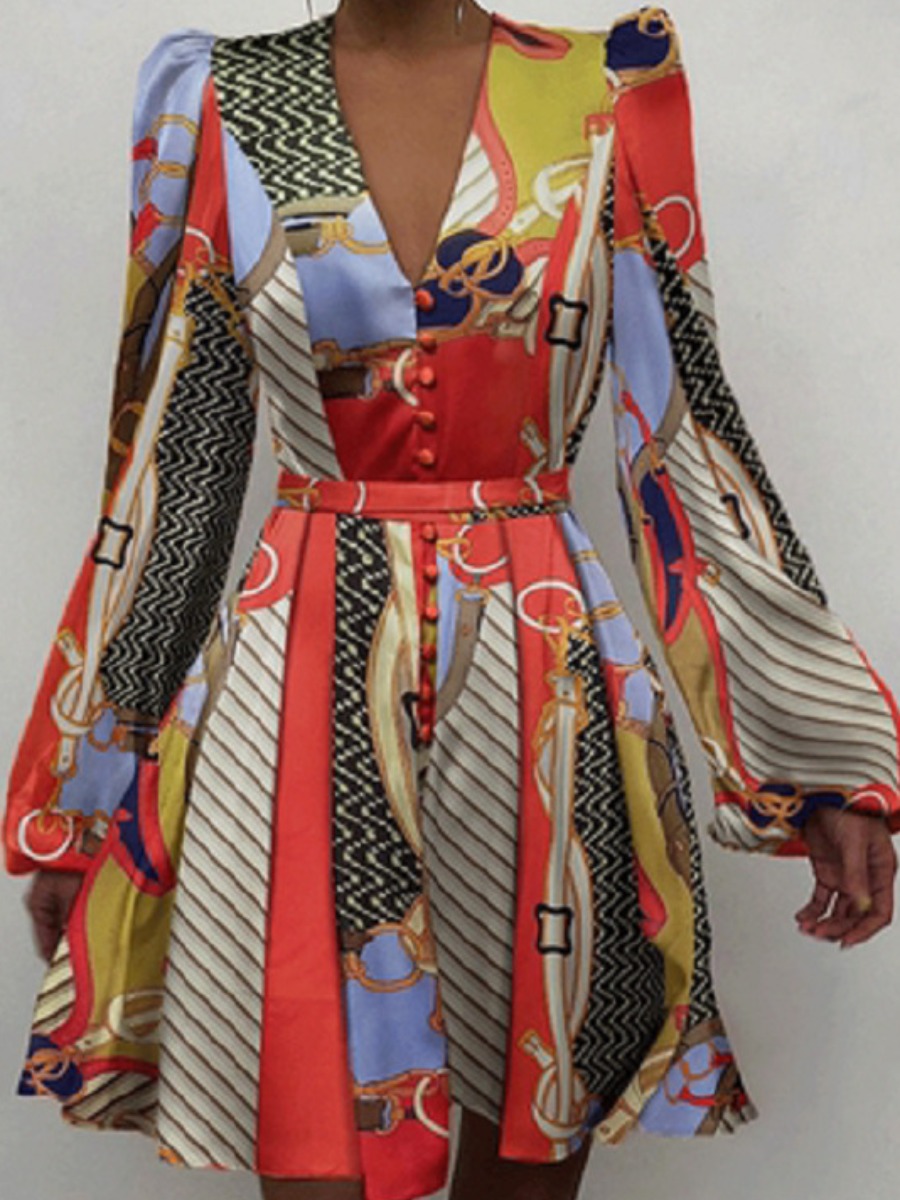 

LW Mixed Print Ruffle Design A Line Dress, Multi