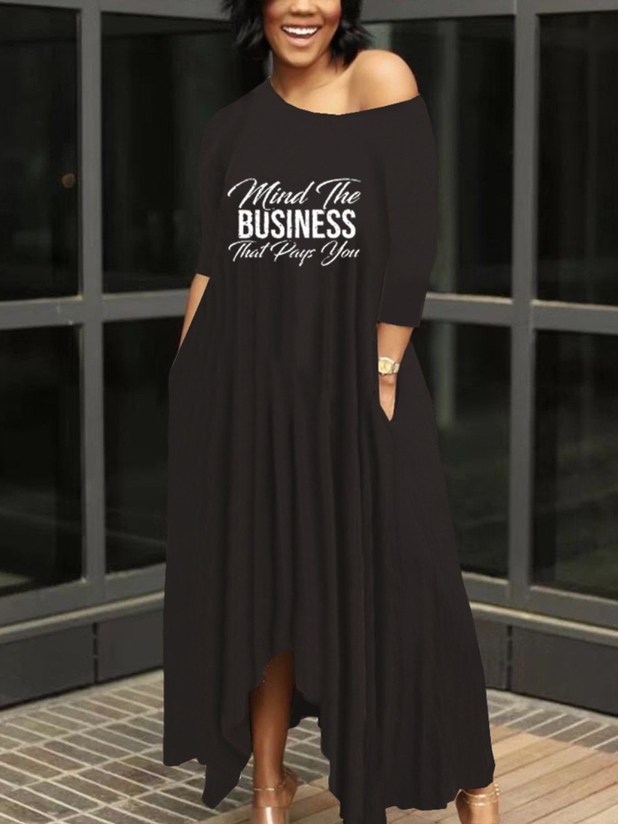 

LW Letter Print Pocket Design Dress, Black