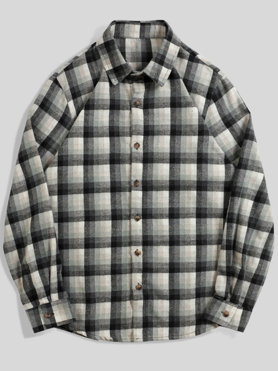 

LW BASICS Men Turndown Collar Plaid Print Shirt, Black