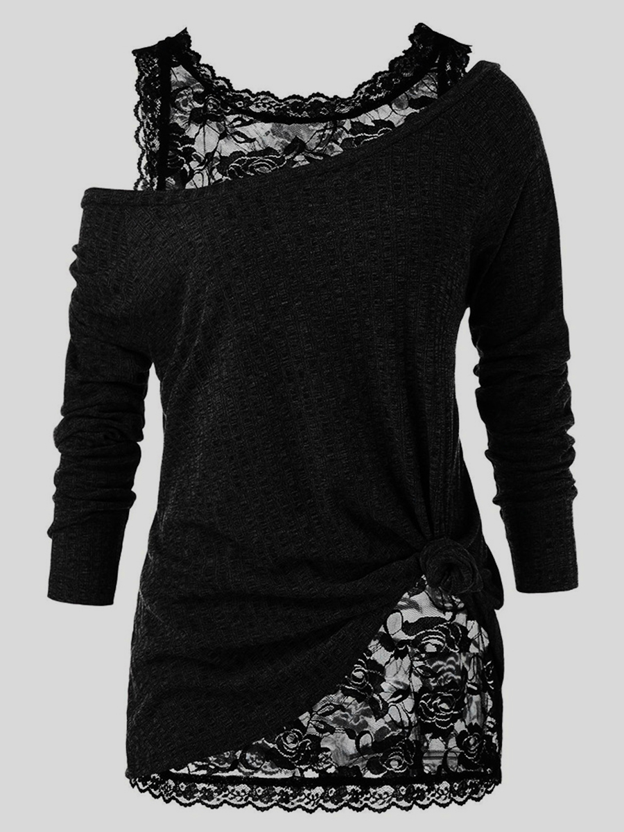

LW Plus Size See-through Floral Decoration Two-piece T-shirt, Black