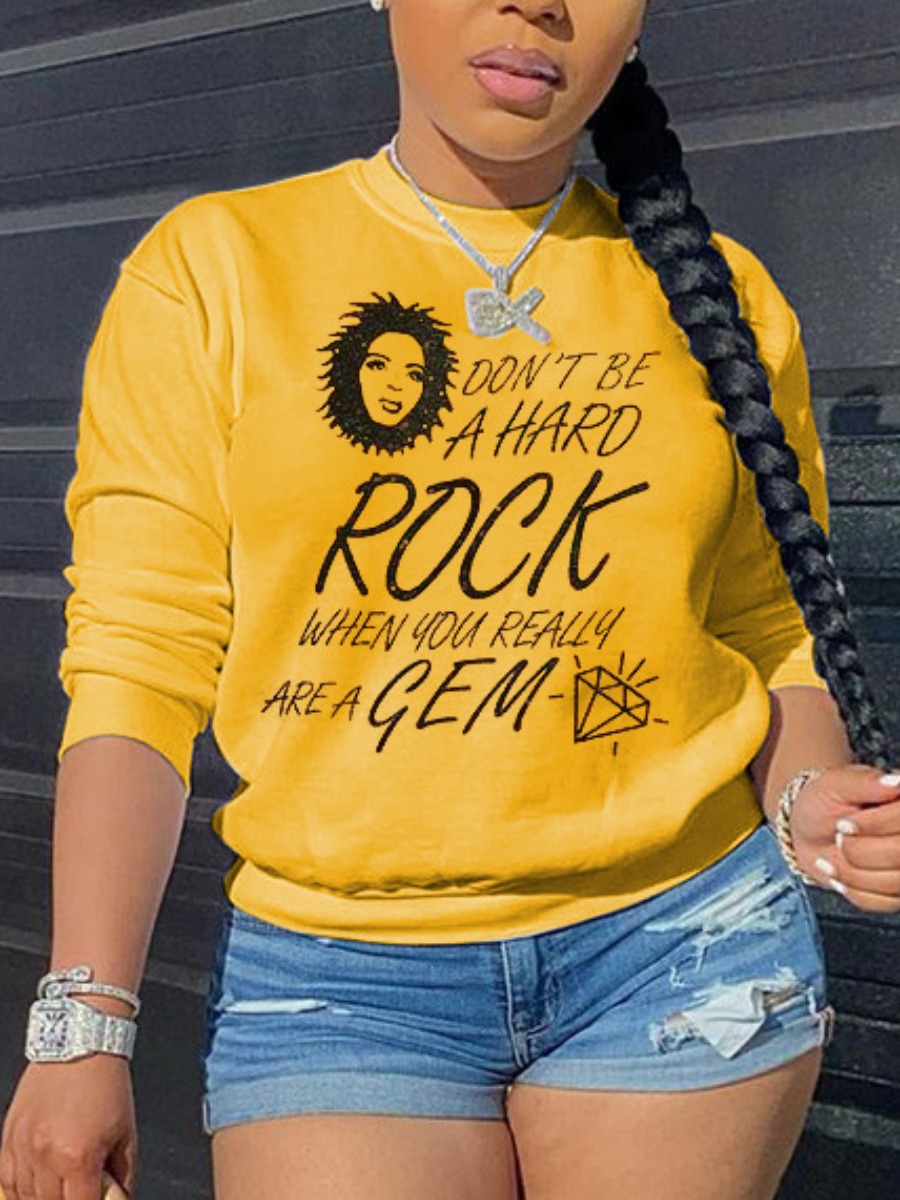 

LW Round Neck Letter Print Hoodie, Yellow