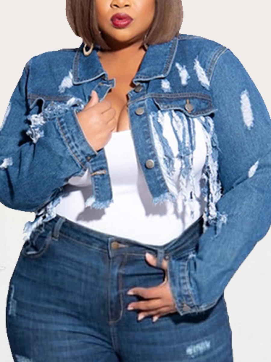 

LW Plus Size Ripped Pocket Design Denim Jacket, Blue