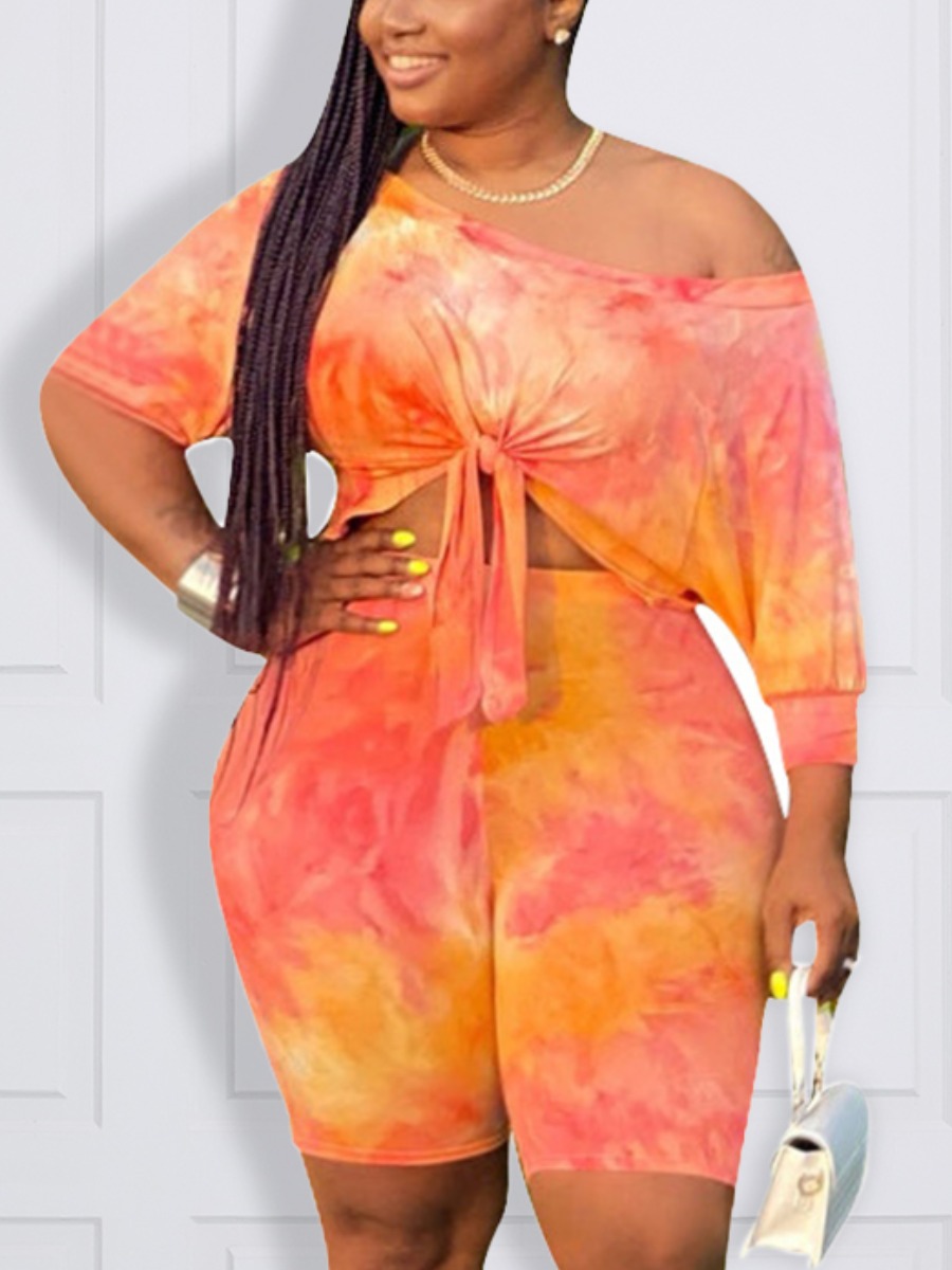 

LW Plus Size Boat Neck Tie-dye Shorts Set, Croci