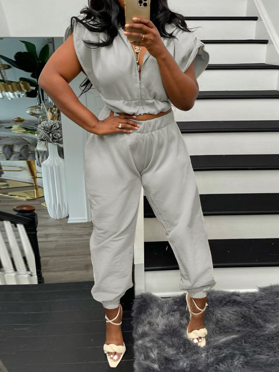 

LW Zipper Design Tie Leg Pants Set, Grey