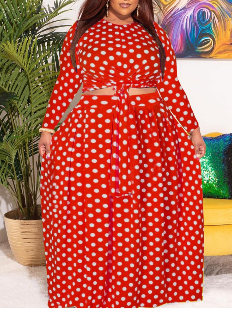 

LW Plus Size Dot Print Bandage Design Skirt Set, Red