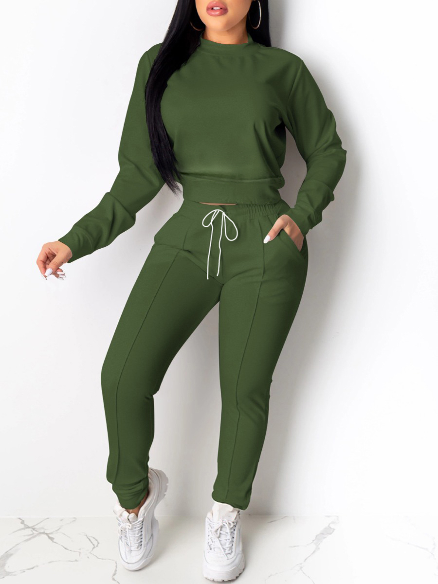 

LW Round Neck Drawstring Pants Set, Army green