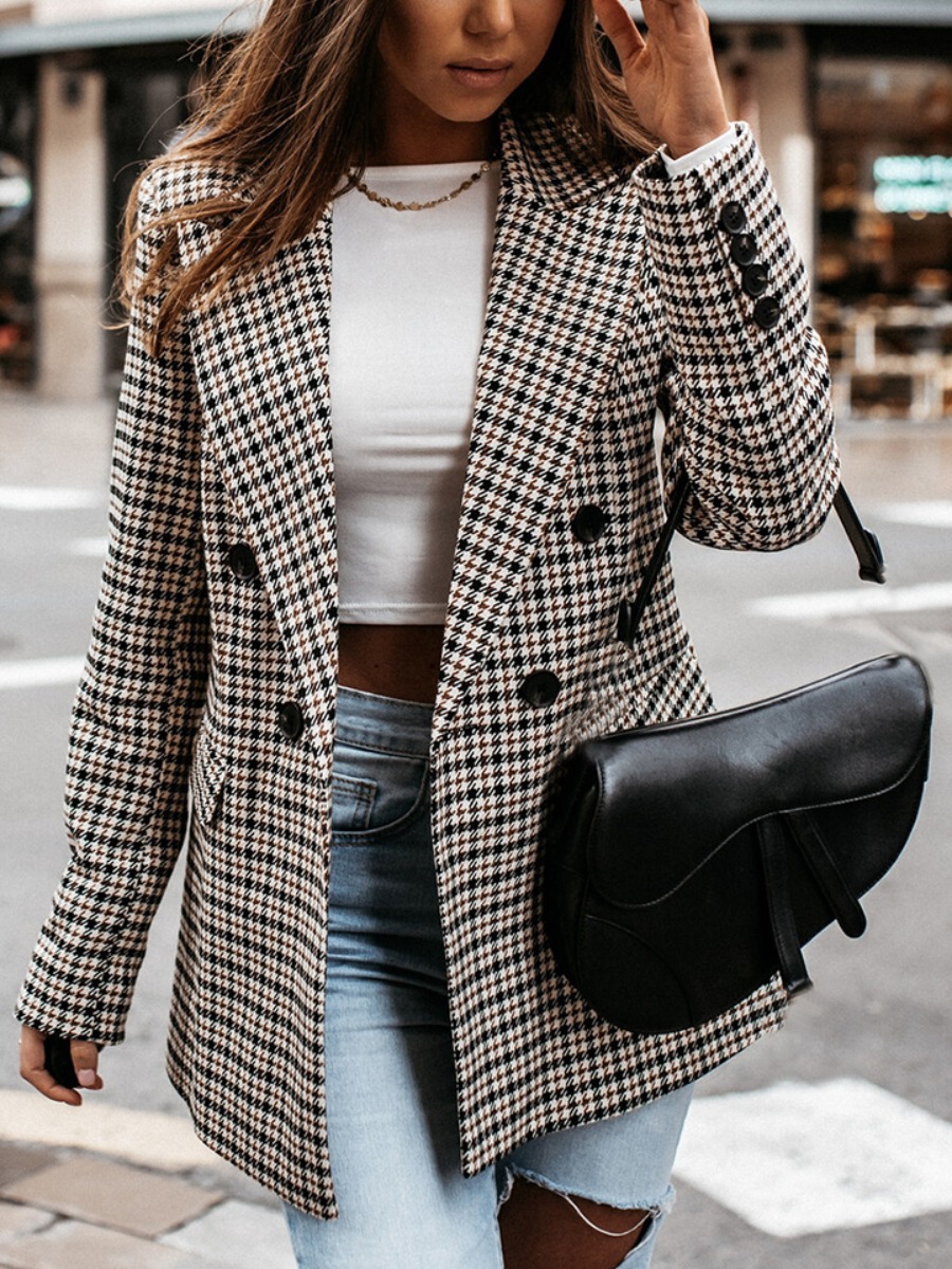 

LW Plaid Print Button Design Blazer, Black & white tartan
