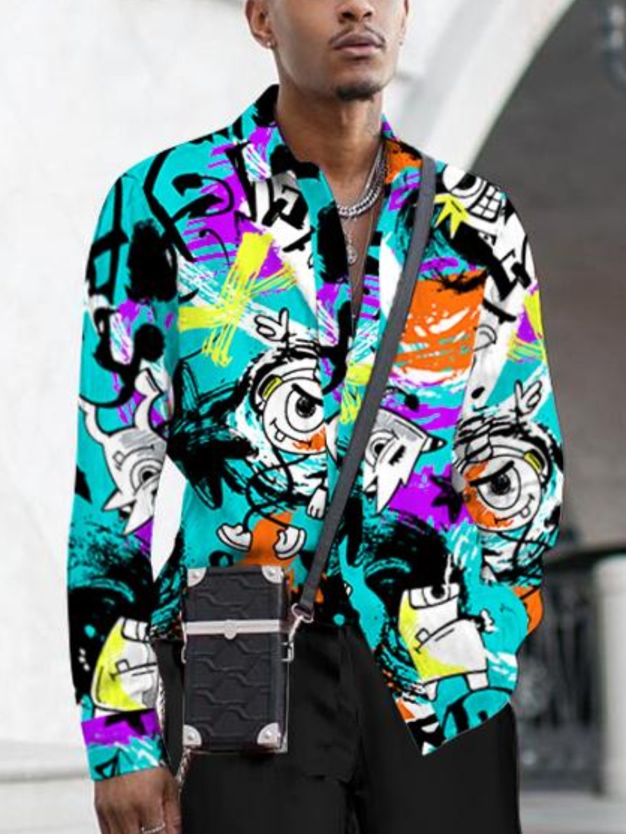 

LW Men Graffiti Cartoon Print Shirt, Green