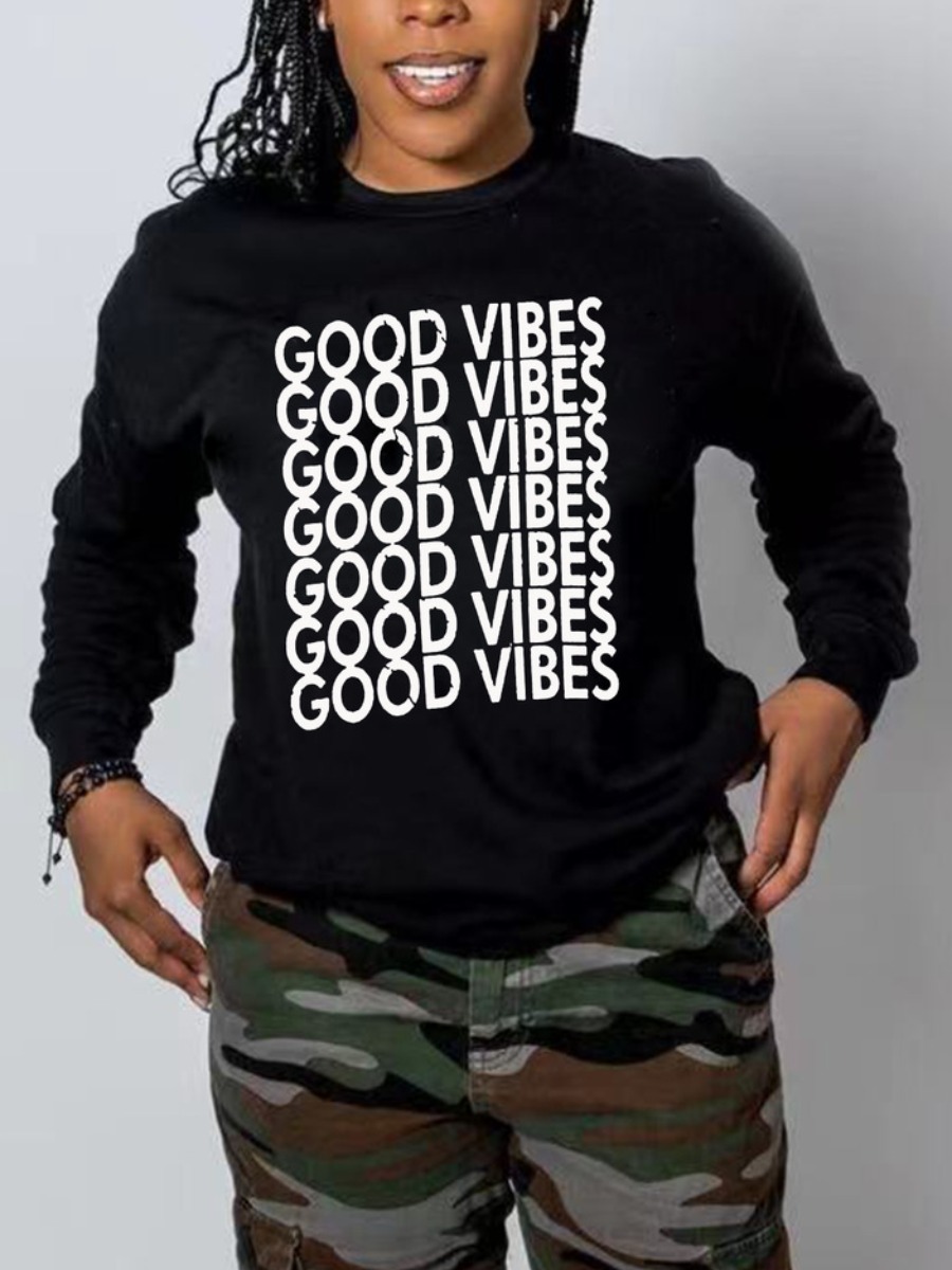 

LW Round Neck Letter Print Hoodie, Black