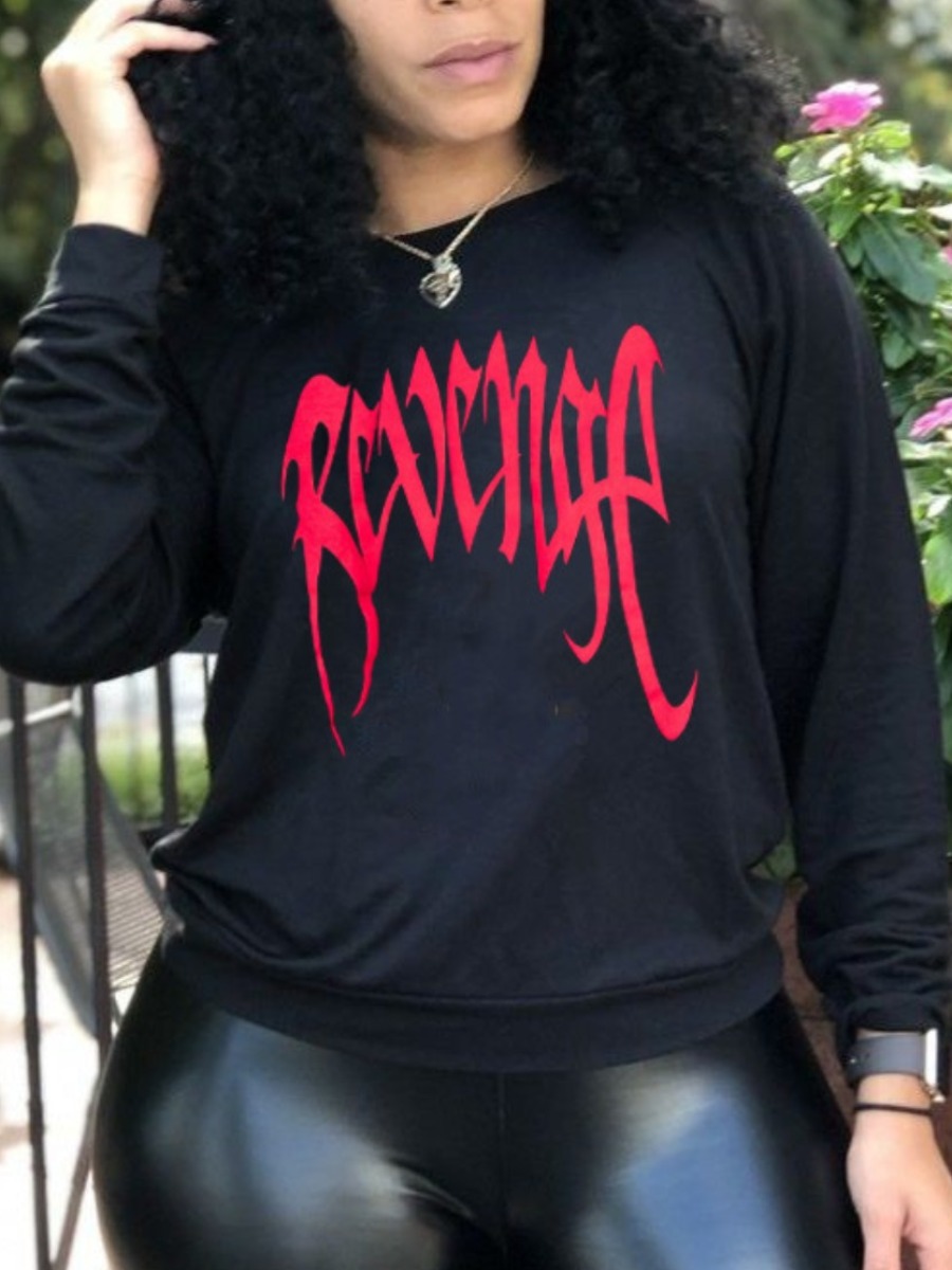 

LW Round Neck Letter Print Hoodie, Black