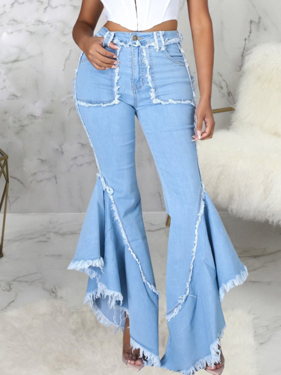 

LW Raw Edge Flounce Design Jeans, Baby blue