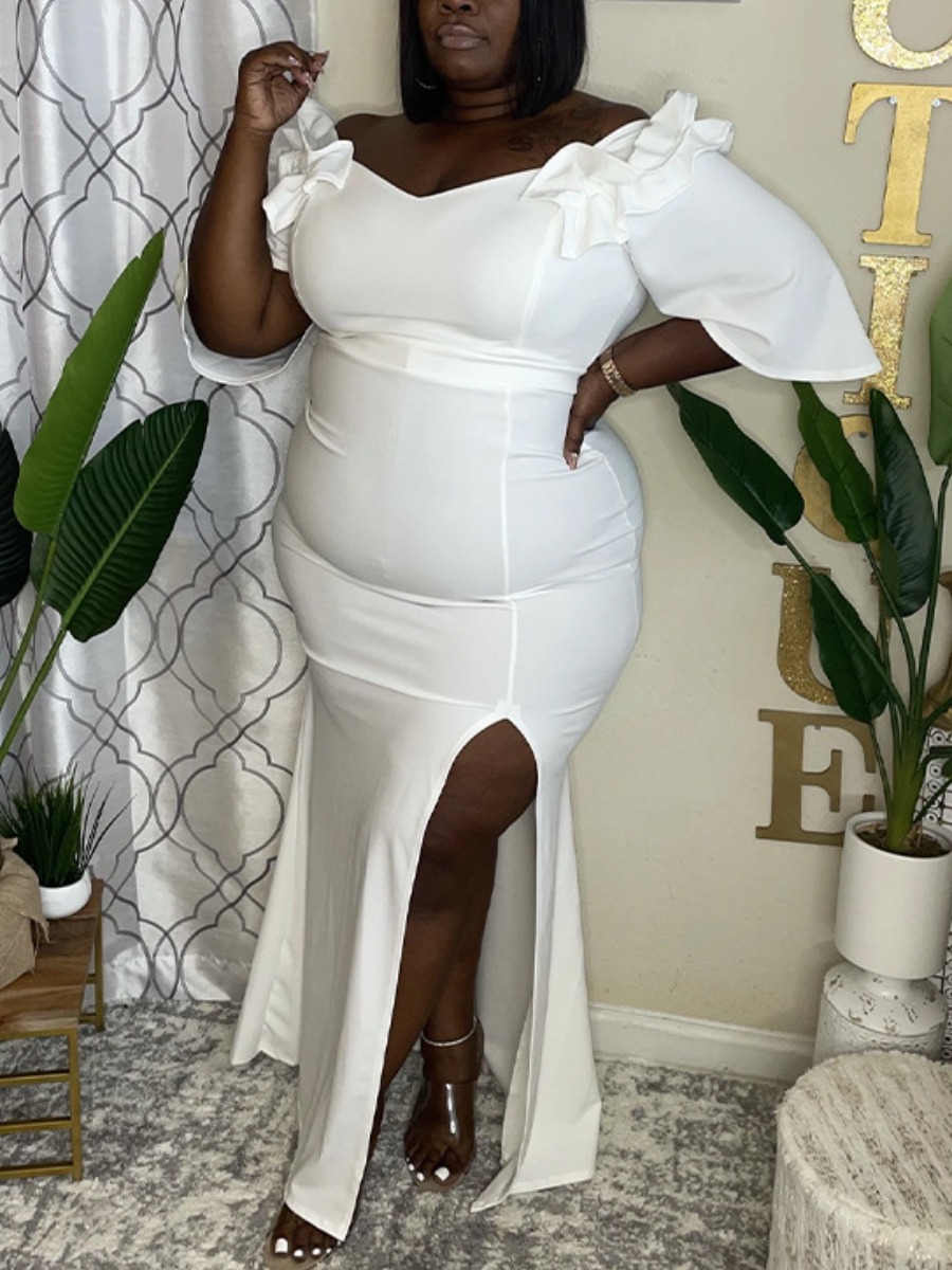 

LW Plus Size Flounce Design Slit Bodycon Dress, White