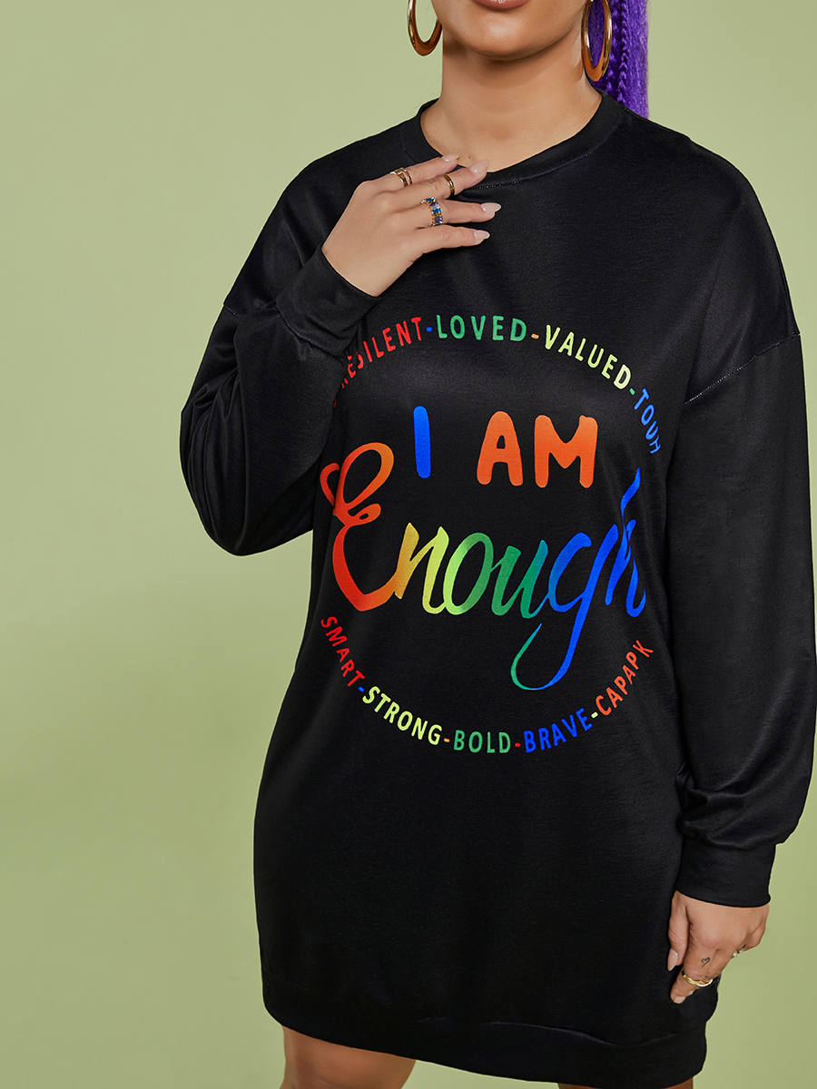 

LW Round Neck Letter Print Sweater Dress, Black