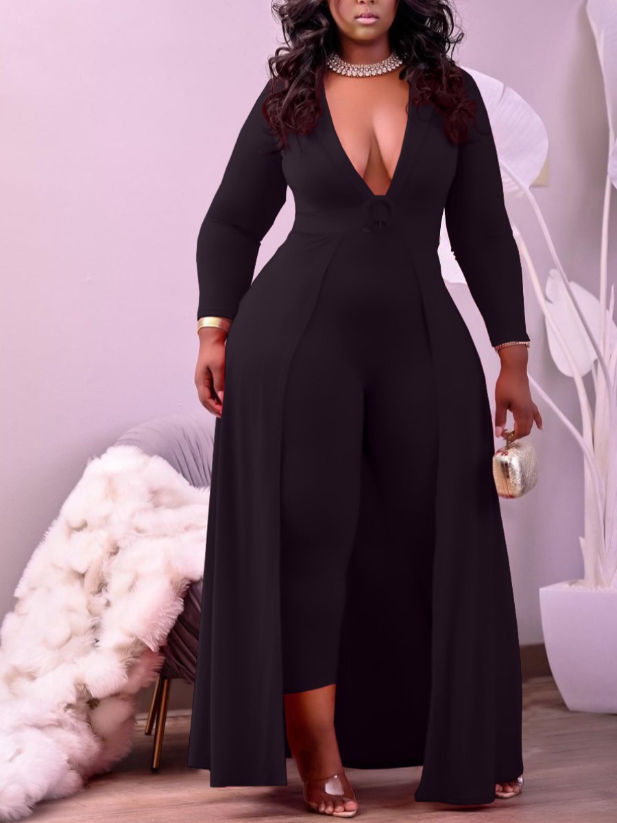 

LW Plus Size V Neck Skirt Overlay Jumpsuit, Black