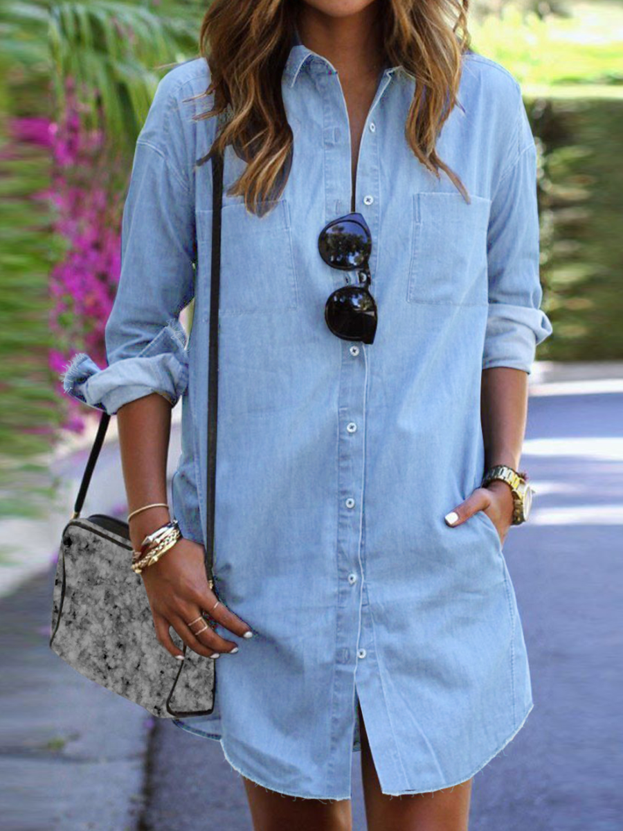 

LW Turndown Collar Pocket Design Denim Coat, Baby blue