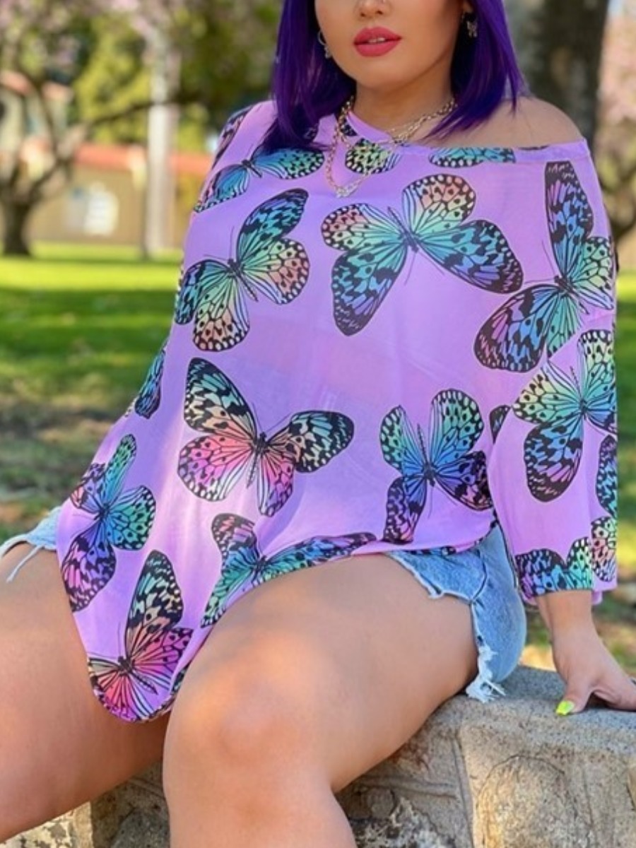 

LW Plus Size Round Neck Butterfly Print Dress, Purple