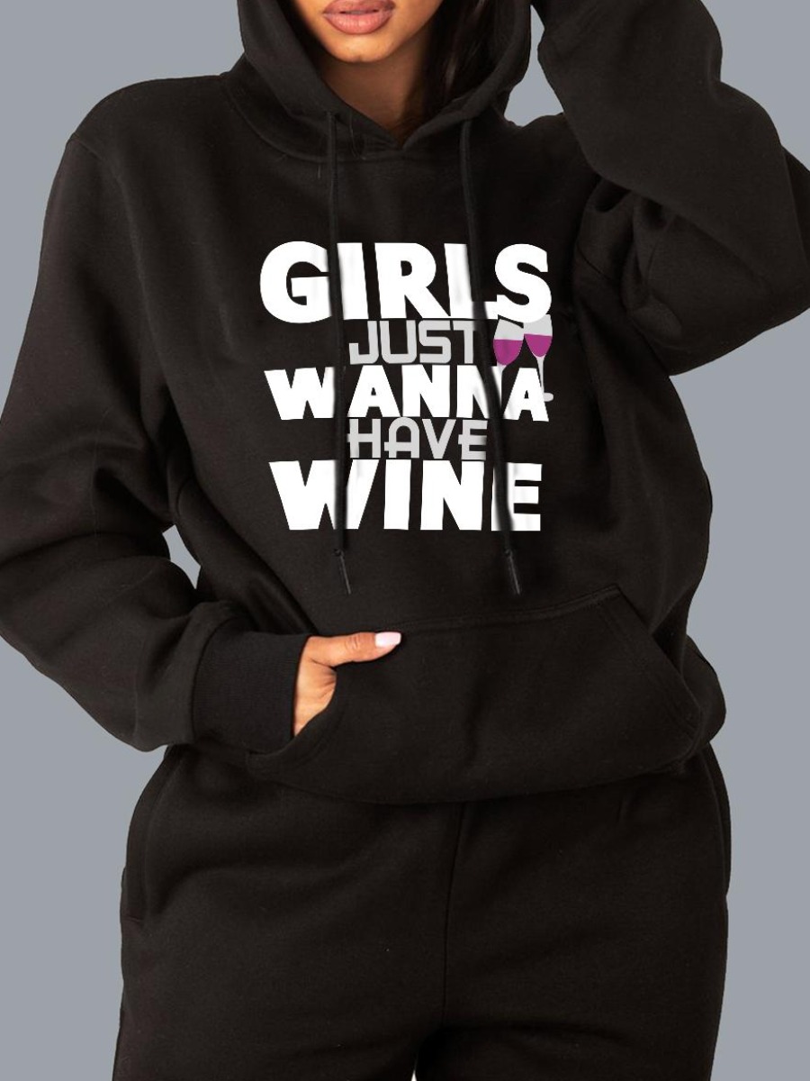 

LW Plus Size Letter Print Kangaroo Pocket Hoodie, Black