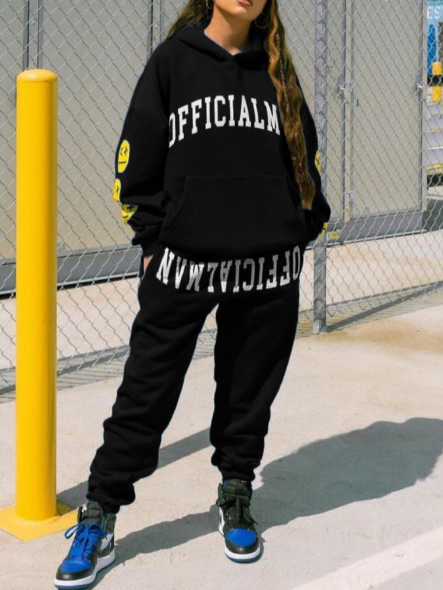 

LW Letter Print Oversized Sweatsuit Set, Black