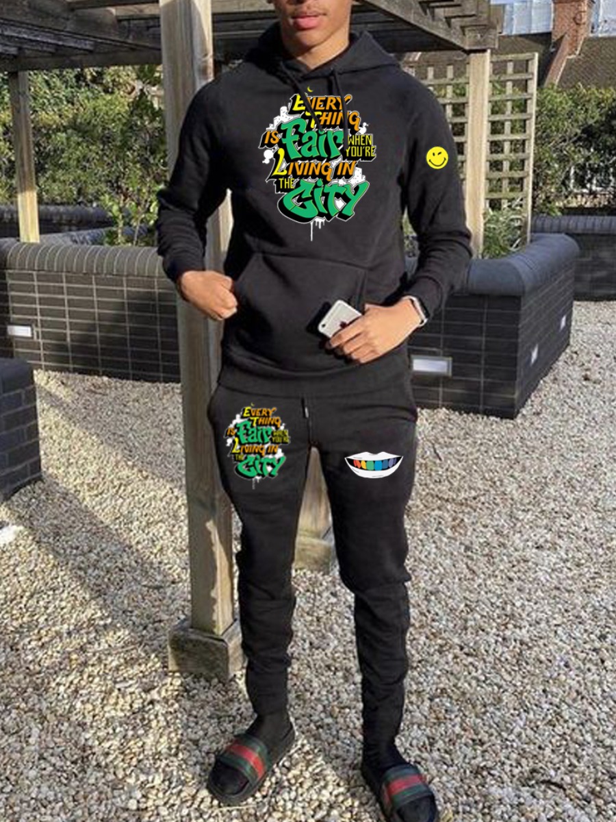 

LW Men Letter Print Kangaroo Pocket Sweatsuit Set, Black