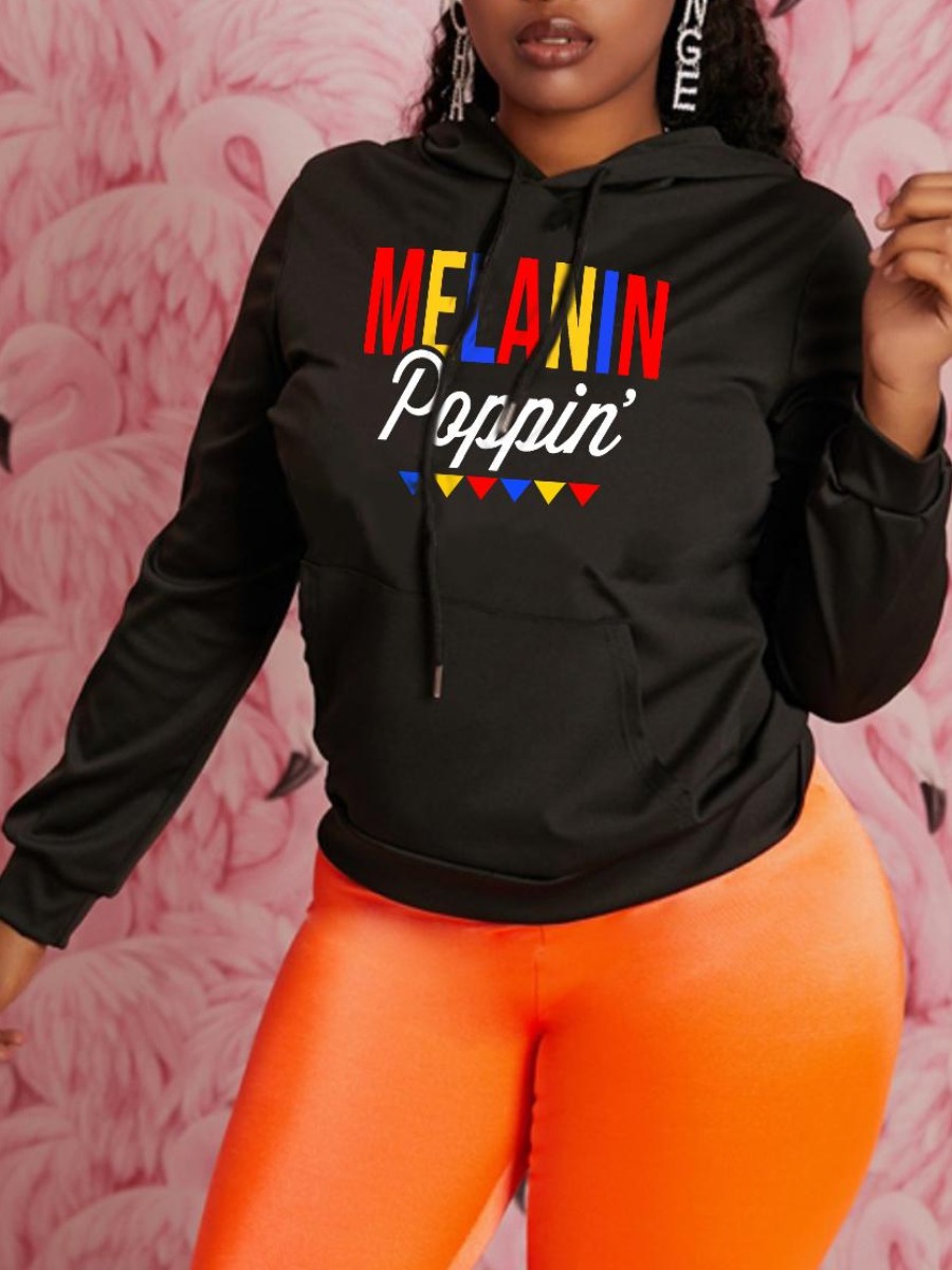 

LW Letter Print Kangaroo Pocket Hoodie, Black