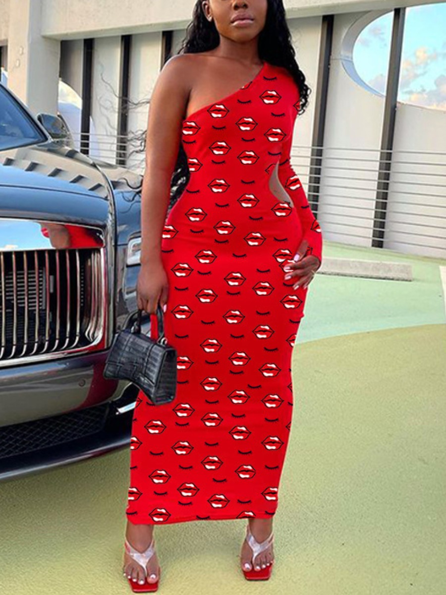

LW SXY One Shoulder Lip Print Hollow-out Bodycon Dress, Red