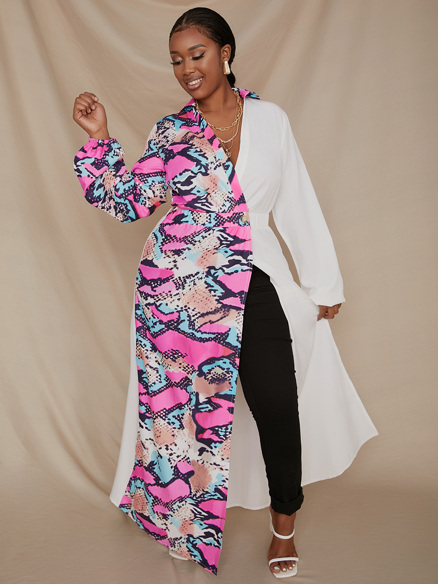 

LW Plus Size Turndown Collar Mixed Print Trench Coat, White