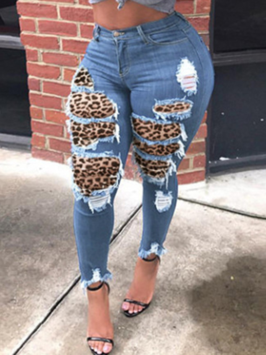 

LW Plus Size Leopard Print Ripped Jeans, Blue