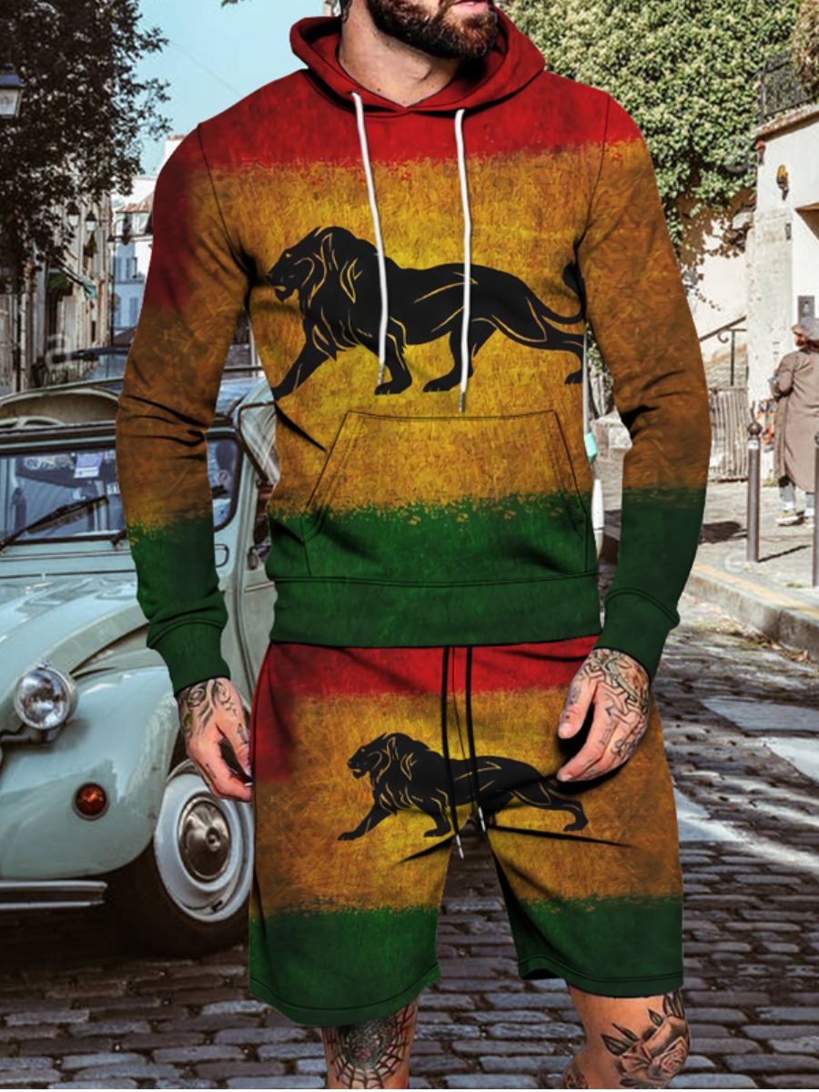 

LW Men Lion Print Patchwork Shorts Set, Multi