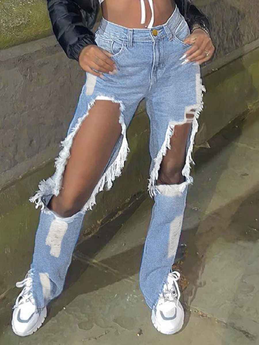 

LW Mid Waist Ripped Jeans (No Stretch), Baby blue