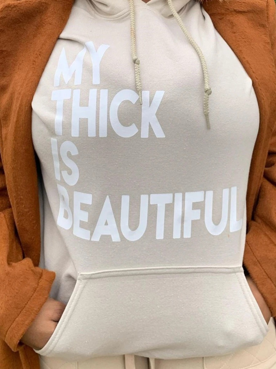 

LW Plus Size Letter Print Kangaroo Pocket Hoodie, Beige