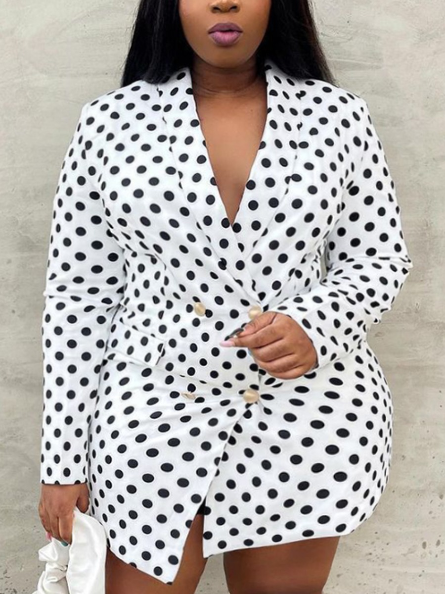 

LW Plus Size Dot Print Button Design Blazer Dress, White