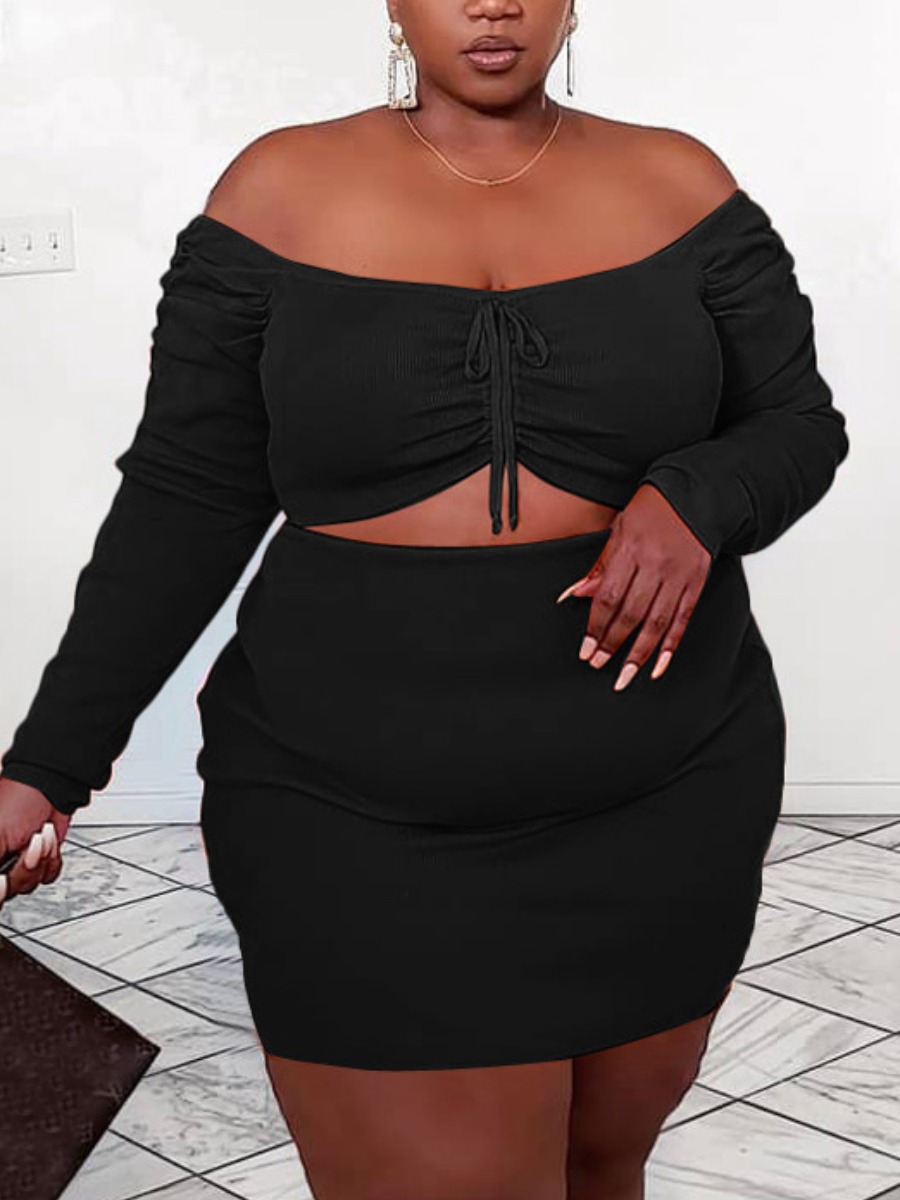 

LW Plus Size Off The Shoulder Drawstring Skirt Set, Black