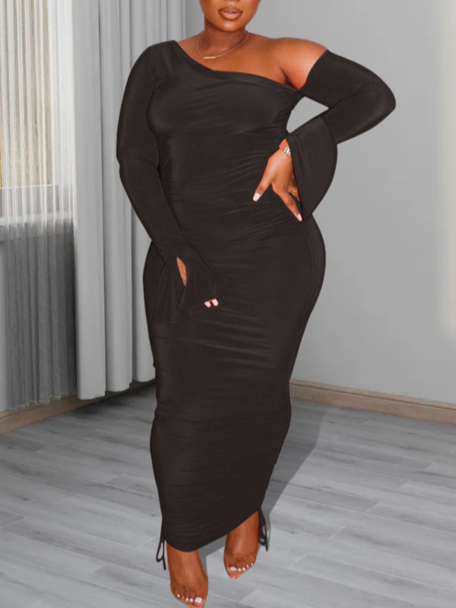 

LW Plus Size Oblique Drawstring Bodycon Dress, Black