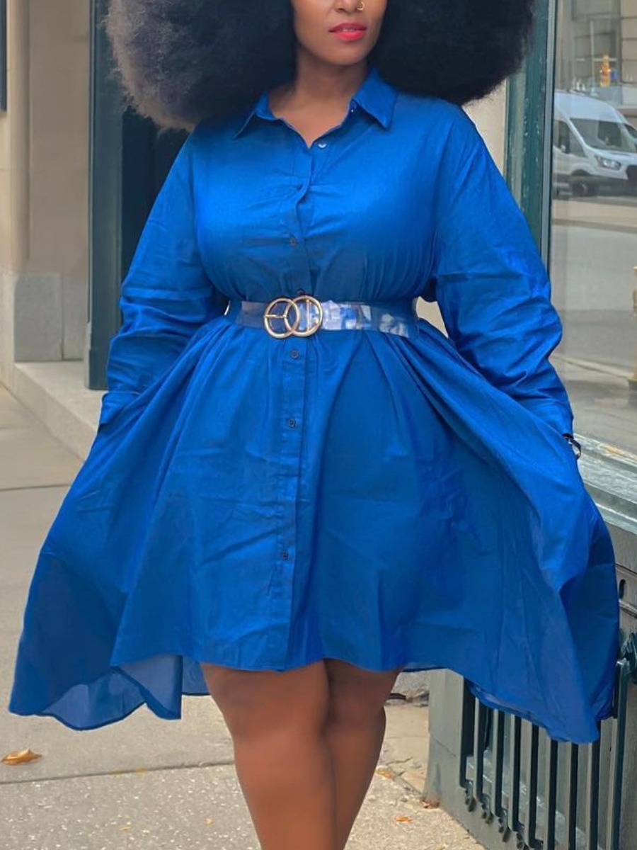 

LW BASICS Plus Size Turndown Collar Pocket Design Shirt Dress (Without Belt), Blue