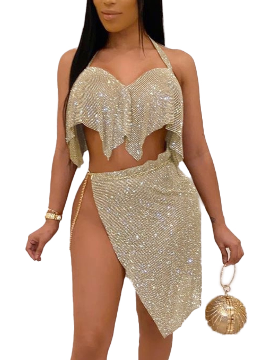 LW SXY Side High Slit Gold Skirt Set