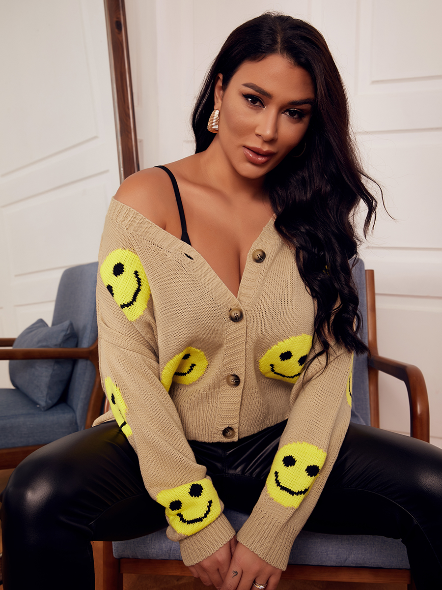 

LW Cartoon Print Button Design Cardigan, Light tan