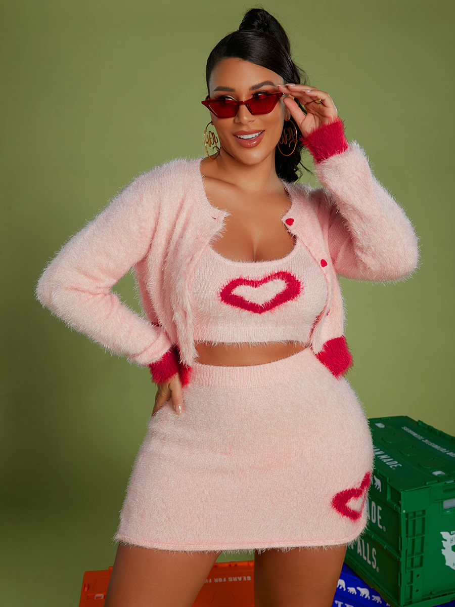 

LW Heart Decoration Plush Three Piece Skirt Set, Pink