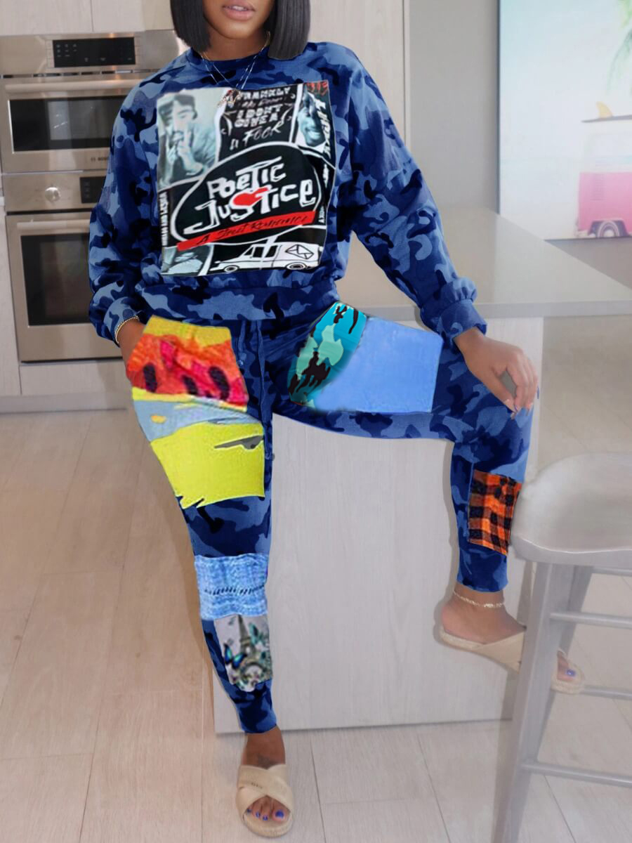 

LW Leisure O Neck Print Patchwork Blue Two Piece Pants Set